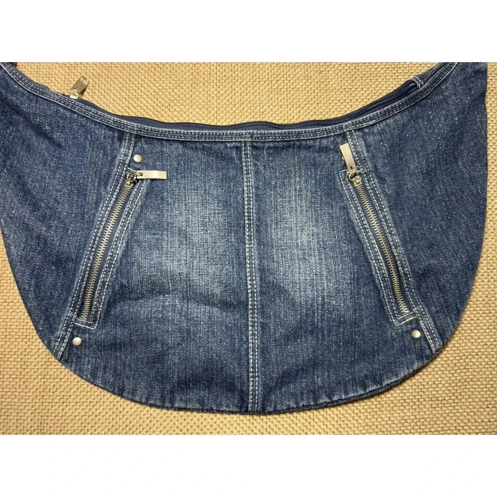 Vtg Denim Y2K Crossbody Hobo Bag Multipocket Zipper Pockets Purse 90s Retro Jean